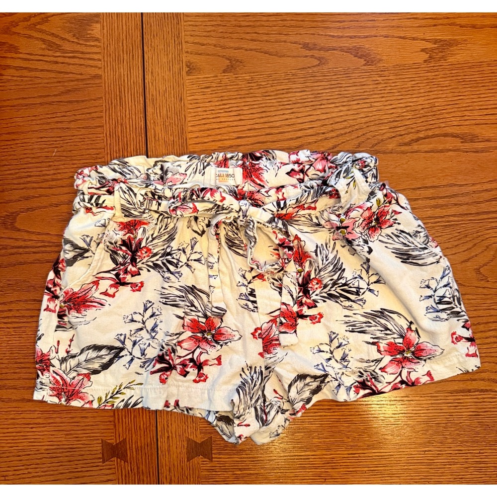 Cali 1850 Floral Paperbag Shorts Medium Cream Pink Tie Waist Boho Festival